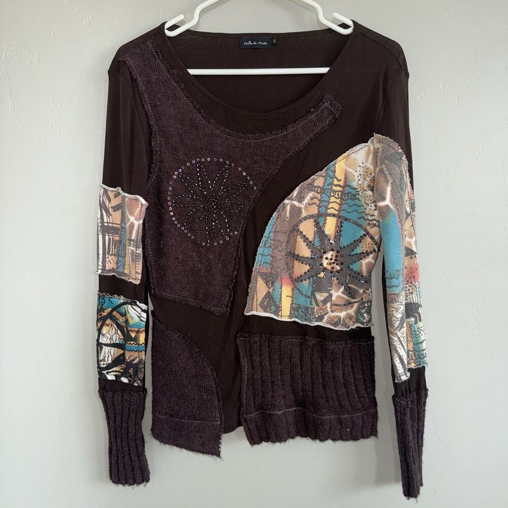 Etoile Du Monde Brown Semi-Sheer Patchwork Sweater Boho Celestial Art Rare